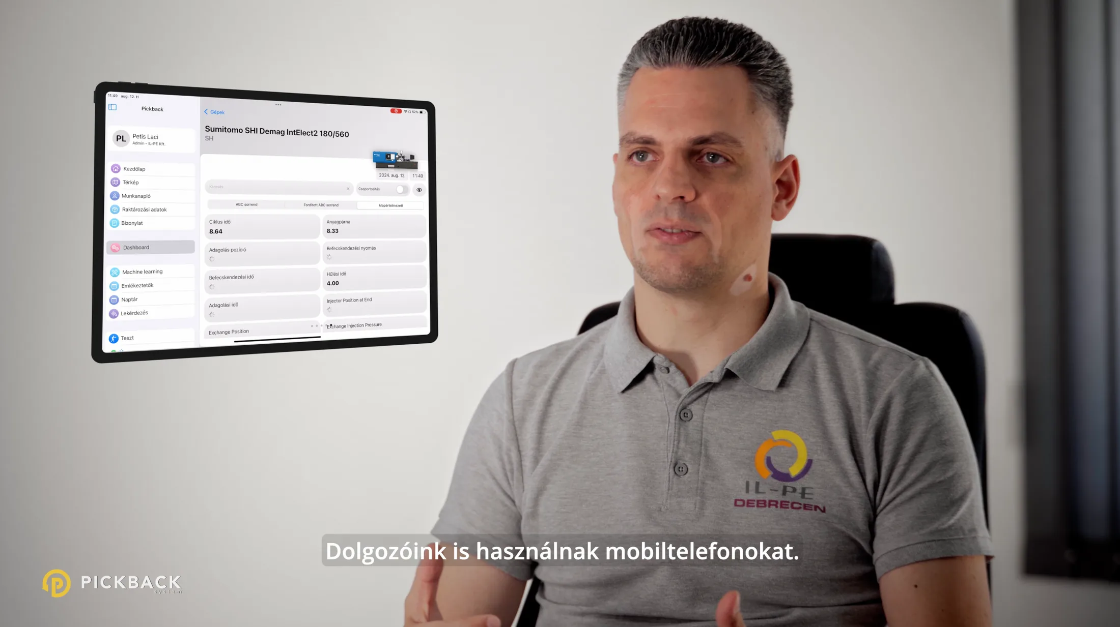 IL-PE representative discussing Pickback ERP beside an interface display