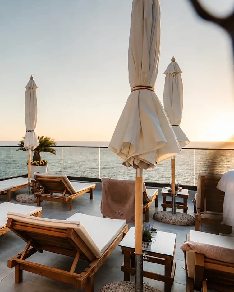 Sunset terrace with loungers overlooking the Adriatic Sea