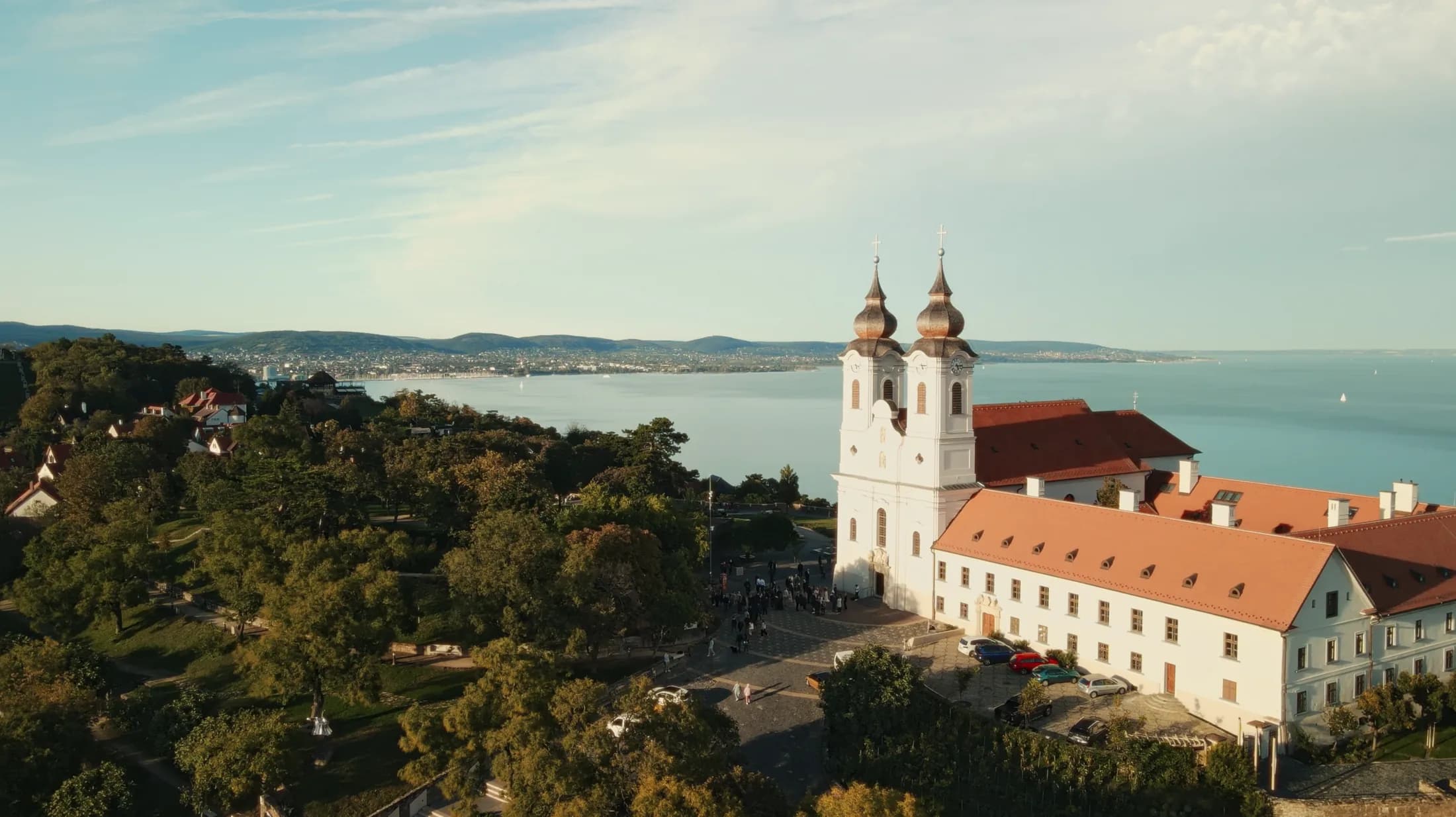 Aerial view of Tihanyi Apátság and Lake Balaton on the wedding day
