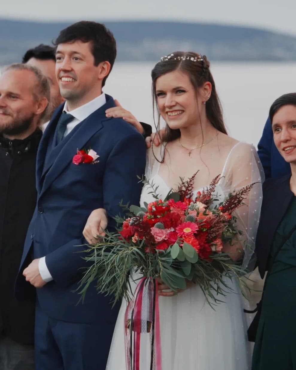 Dia and Beni surrounded by friends and family in Tihany
