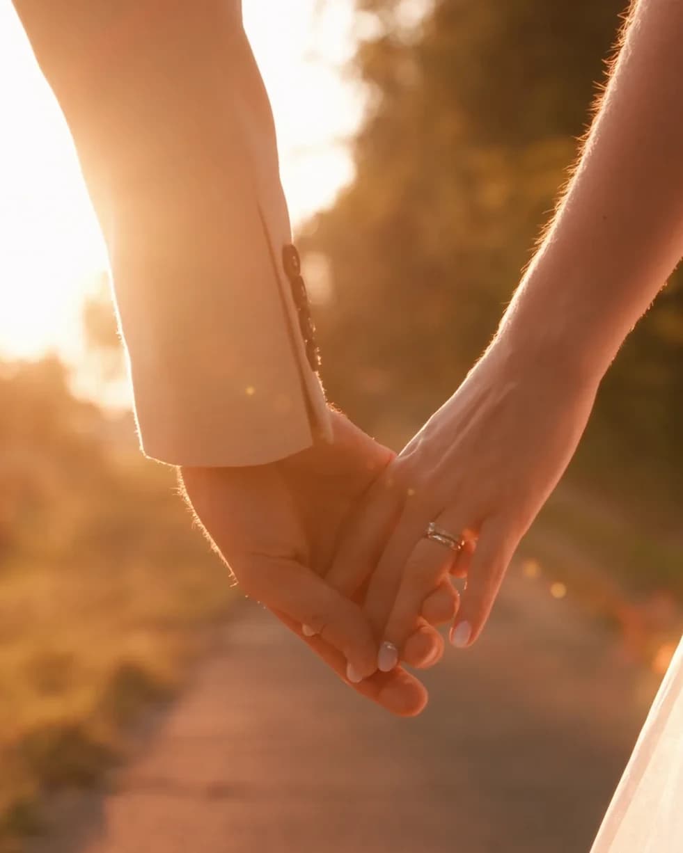 Close-up of Fanni and Kristóf holding hands in the sunset
